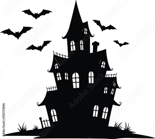 Silhouette of a haunted house with bats and eerie elements capturing spooky halloween atmosphere and mystery

