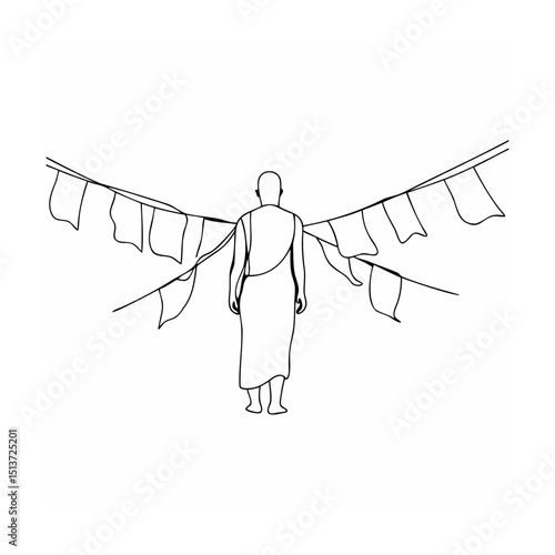 Minimalist line art illustration of a monk standing near prayer flags