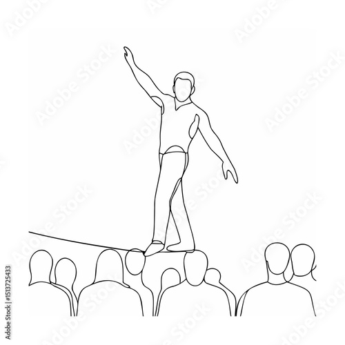 Minimalist line drawing of a circus performer balancing on tightrope with audience