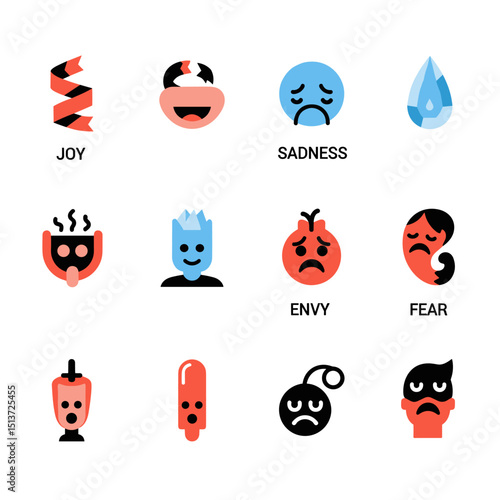 Emotions Icon Set: Expressive icons representing various states of mind, from joy to fear, envy, sadness, offering a visually engaging way to convey emotions.