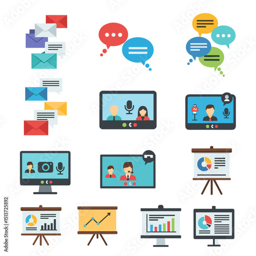 Communication and Collaboration Icons: A vibrant set of flat design icons depicting various communication methods, including email, video conferencing, presentations, and messaging.