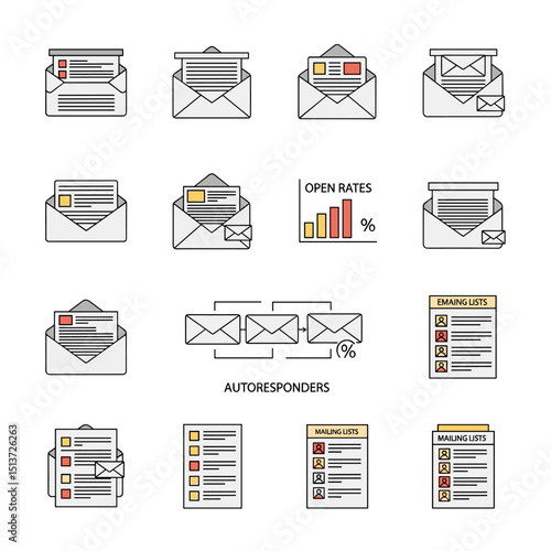 Email Marketing Icons: A set of twelve modern and minimalist email marketing icons, depicting various aspects of email campaigns, including newsletters, open rates, autoresponders, and mailing lists.