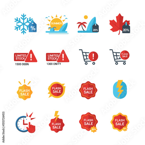 Icons of Seasonal Sales and Promotions: A vibrant compilation of flat icons representing diverse seasonal sales, showcasing a visual array of deals, promotions, and discounts.