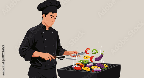 Chef grilling vegetables on barbecue in a modern kitchen setting  