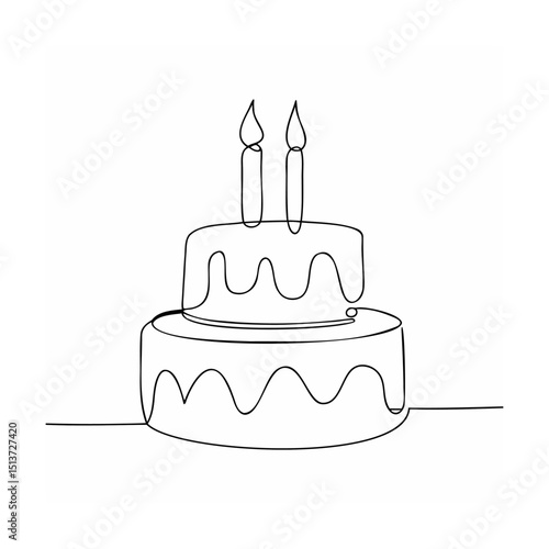 Minimalist one line drawing of a two tiered birthday cake with lit candles on white background