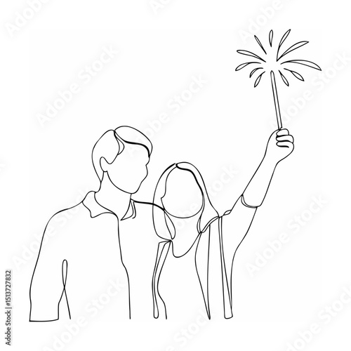 Couple celebrating with sparkler line art celebrating joy and happy moments together