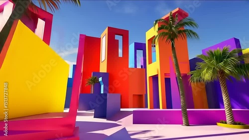 Vibrant Architectural Forms with Tropical Accents in a Surreal Urban Landscape