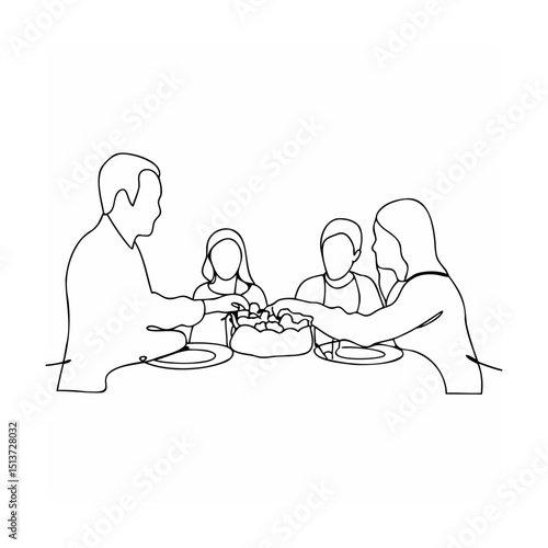 Family together around table sharing food simple continuous line art illustration