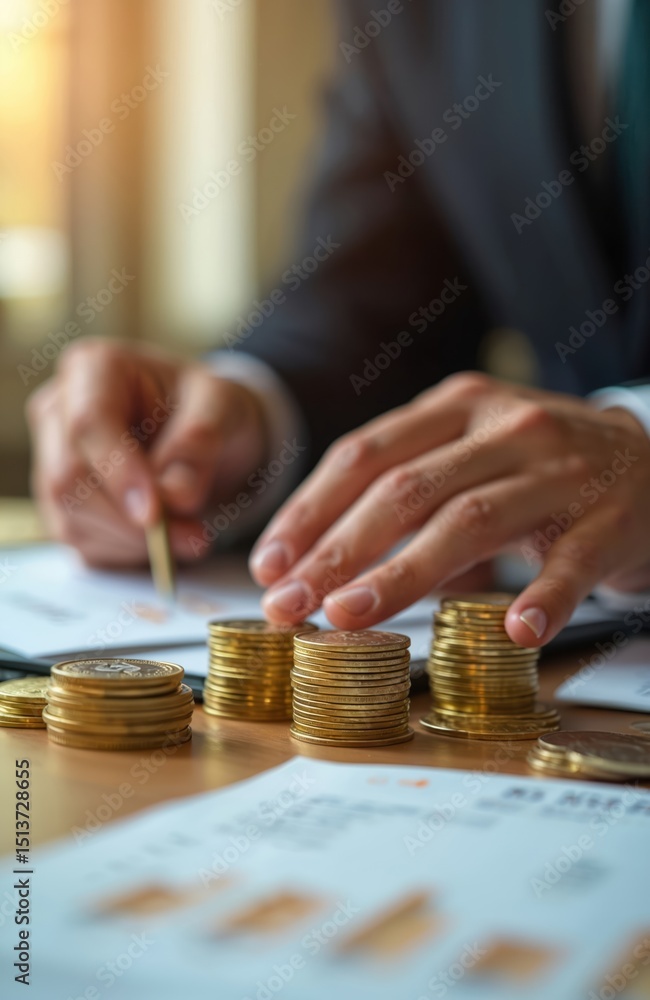 Businessman calculates finance income return on investment. Stacks gold coins. Financial planning concept interest rates, dividends, retirement, savings. Investment portfolio management. Earnings Businessman calculates finance income return on investment. Stacks gold coins. Financial planning concept interest rates, dividends, retirement, savings. Investment portfolio management. Earnings