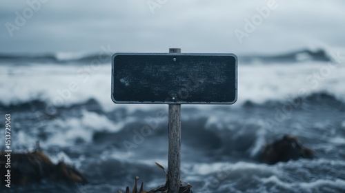 A weathered signpost stands alone in the foreground while ferocious ocean waves crash in the background, symbolizing solitude and the relentless power of nature.