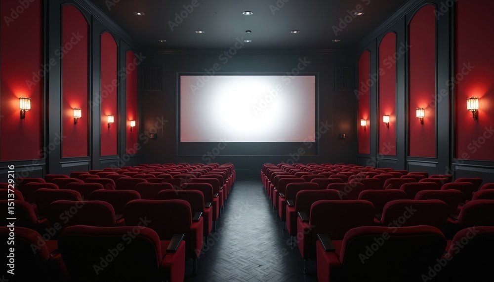 Obraz premium Front view of empty classic cinema hall with red velvet chairs. Large white screen, dim lights, red wall panels, dark black floor. Modern film premiere, movie industry, entertainment concept. Mockup