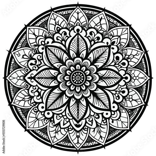 Detailed Floral Mandala Illustration in Black and White for Coloring Books