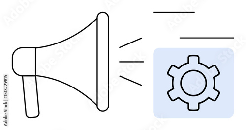 Simple megaphone emitting sound waves toward gear, illustrating announcement, settings, and system integration. Ideal for marketing, communication, business strategy, updates, optimization