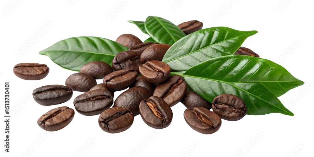 Obraz premium Coffee Beans with Leaves, Isolated on Transparent Background, High-Resolution Image, Food Photography, Coffee, Beans, Leaves