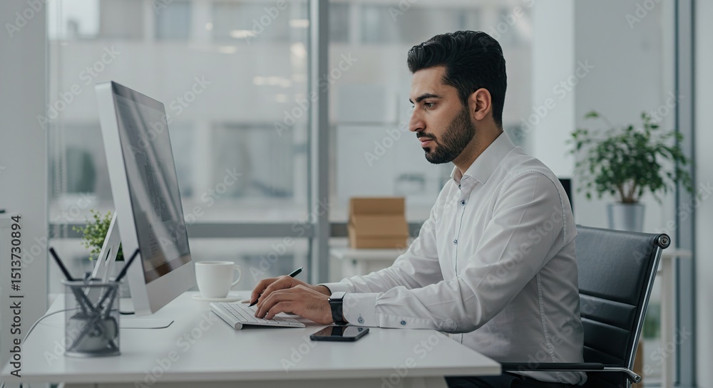 Obraz premium Man working on computer in modern office space for business productivity and professional development success on transparent background