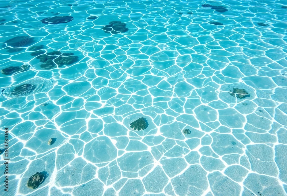 Obraz premium Crystal-clear shallow ocean water, sandy seabed, ample copy space, texture, drone