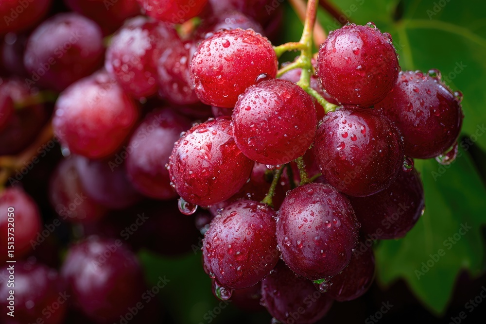 Fototapeta premium Close-up view of a bunch of red grapes covered in water droplets.