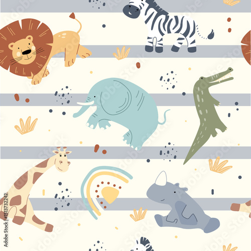 Colorful safari animals come to life in this textile pattern ideal for kids. Featuring lions, elephants, zebras, and more, it adds a vibrant touch to any child's room or clothing.