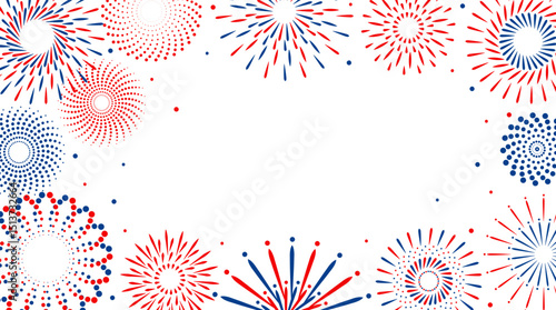 Firework vector icons set isolated on transparent background with copy space. Celebrate 4th of July banner. Red, blue, white usa flag color firework border, firecracker frame.