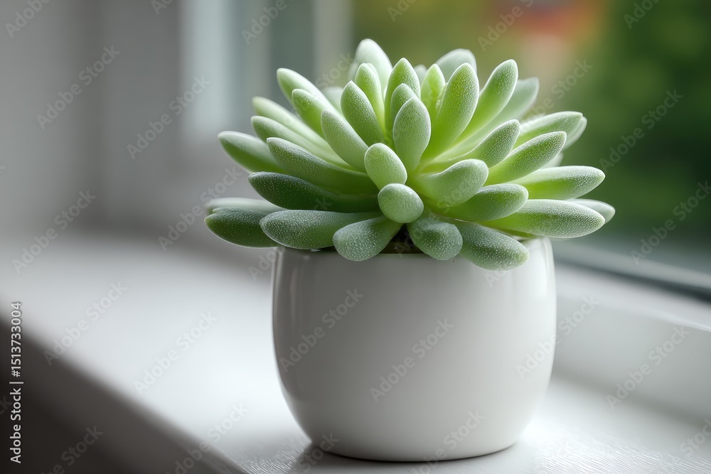 A light green succulent in a white pot on a windowsill. A light green succulent in a white pot on a windowsill.