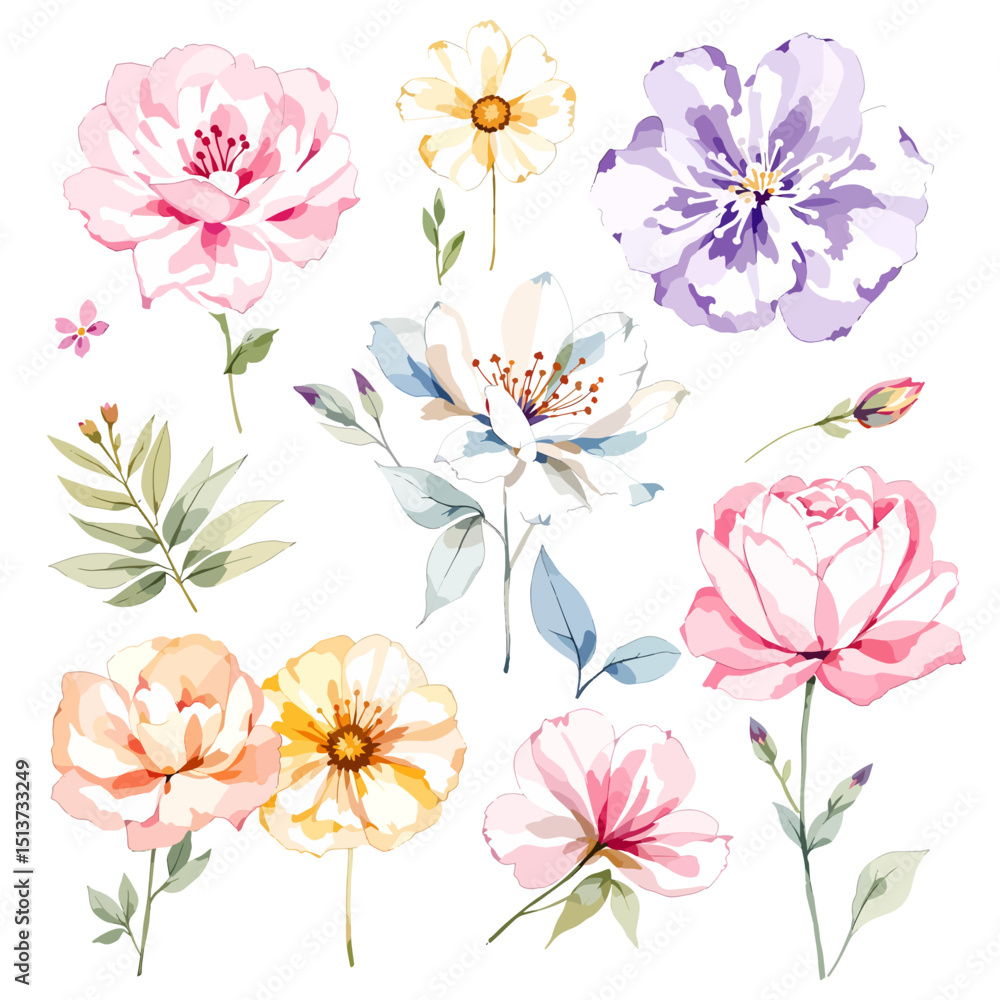 Obraz premium Watercolor floral illustration set with delicate flowers and leaves, isolated on white background