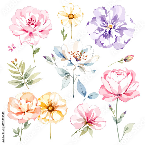 Watercolor floral illustration set with delicate flowers and leaves, isolated on white background