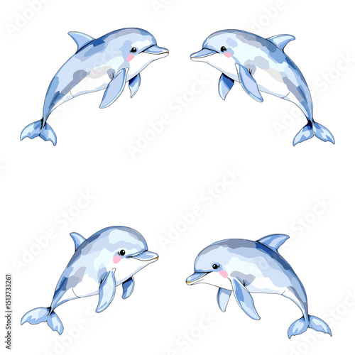 Underwater cartoon scene with white shark swimming near pier in blue ocean with fins and whale silhouette
