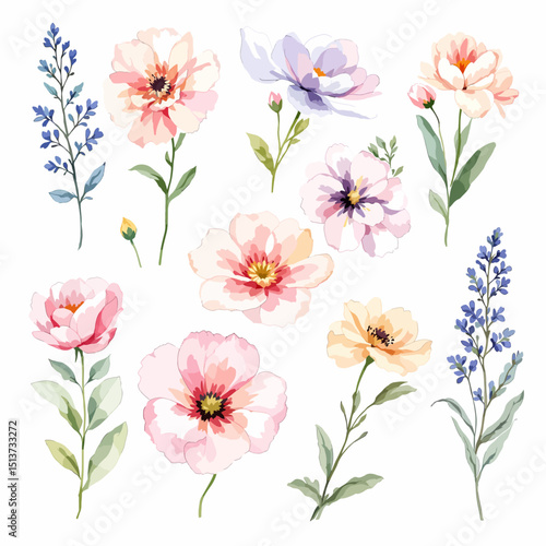Delicate hand-painted flower clusters featuring roses daisies and wildflowers in harmonious spring color palette