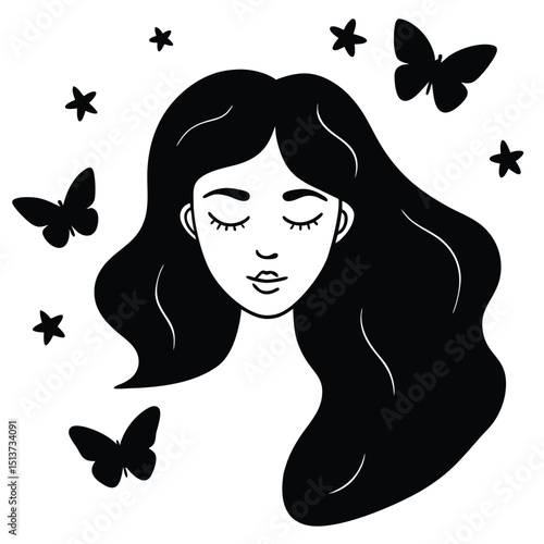 Girl with Long Hair and Butterfly – A dreamy girl with butterflies in her hair, serene and magical vibe.
