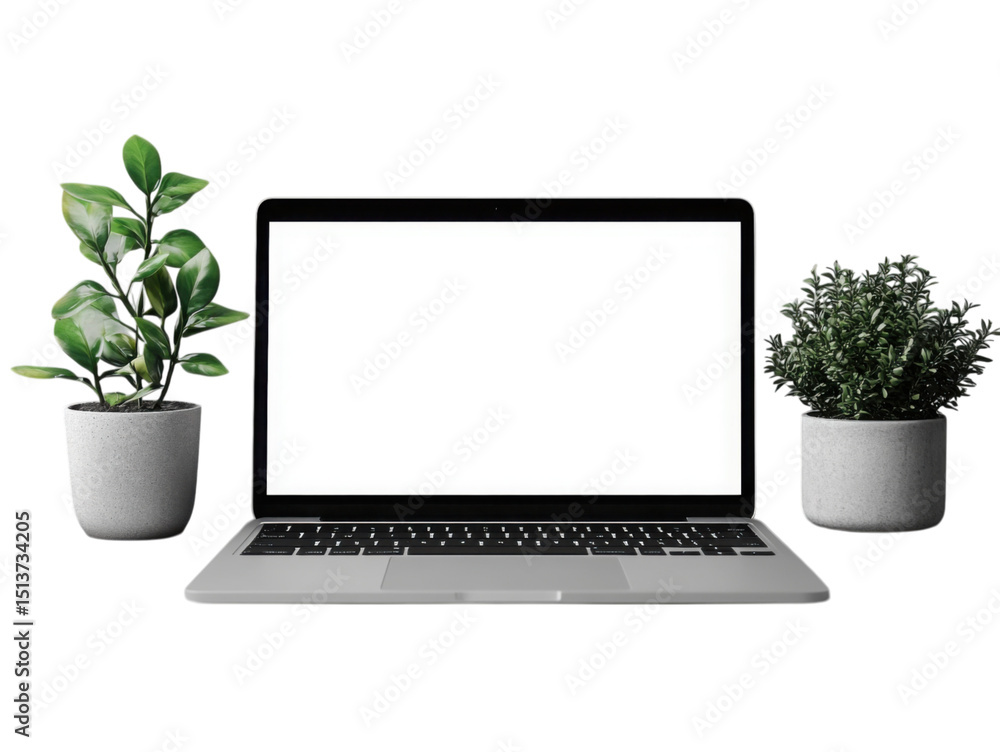 Fototapeta premium A laptop is open on a table with two potted plants