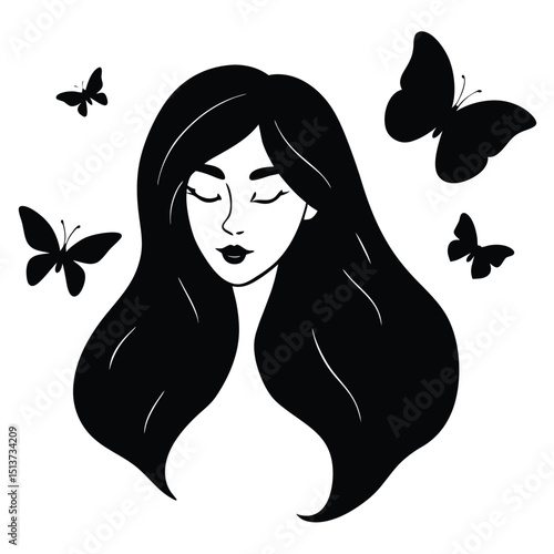 Girl with Long Hair and Butterfly – A dreamy girl with butterflies in her hair, serene and magical vibe.
