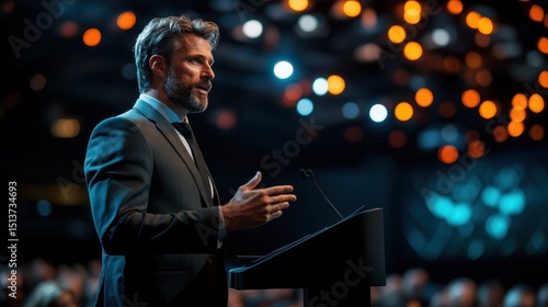 A charismatic speaker stands confidently at a podium amid a blurred audience, captivating viewers with engaging discourse in a modern conference setting.