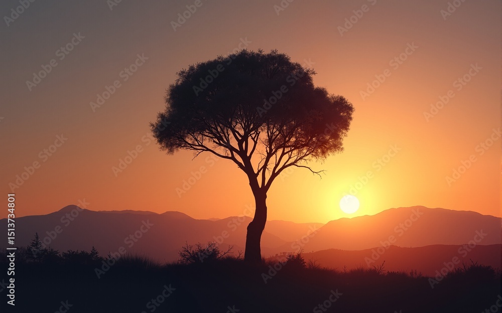 Solitary Tree Silhouette at Sunset with Distant Mountain Range. High quality Solitary Tree Silhouette at Sunset with Distant Mountain Range. High quality