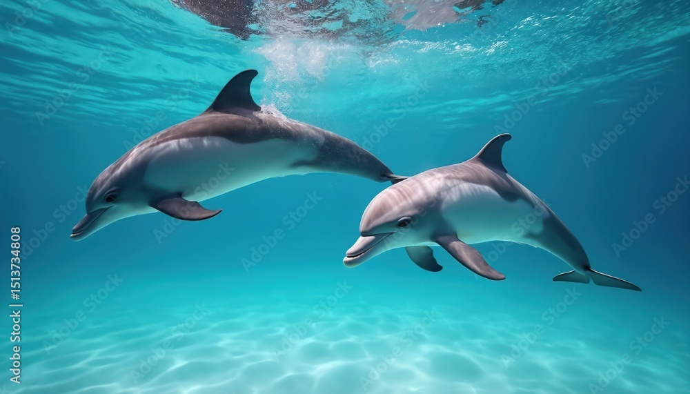Two dolphins swim gracefully in clear blue water. Marine wildlife underwater, creating scene of beauty and freedom. Playful animals explore sea environment, exploring underwater world with grace. Two dolphins swim gracefully in clear blue water. Marine wildlife underwater, creating scene of beauty and freedom. Playful animals explore sea environment, exploring underwater world with grace.