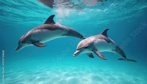 Wallpaper Mural Two dolphins swim gracefully in clear blue water. Marine wildlife underwater, creating scene of beauty and freedom. Playful animals explore sea environment, exploring underwater world with grace. Torontodigital.ca