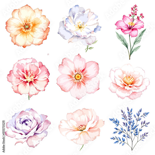 Elegant hand-painted floral clusters with delicate petals fresh greenery and subtle artistic shading