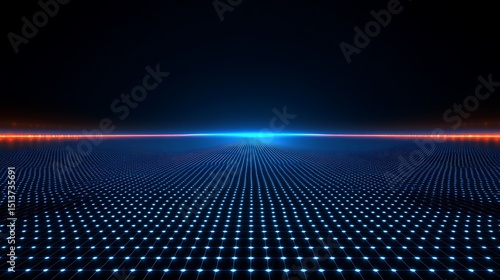 Futuristic digital landscape with glowing blue grid extending to horizon