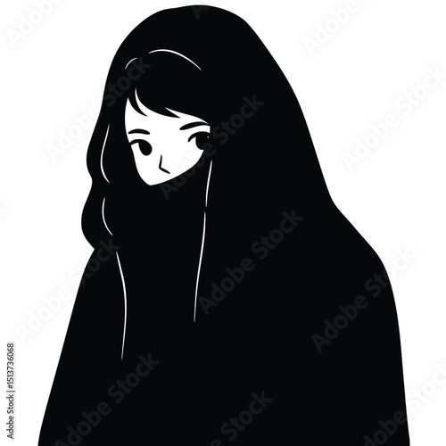 Girl with Long Hair in Hoodie – A casual girl in an oversized hoodie, long hair peeking out, shy expression.
