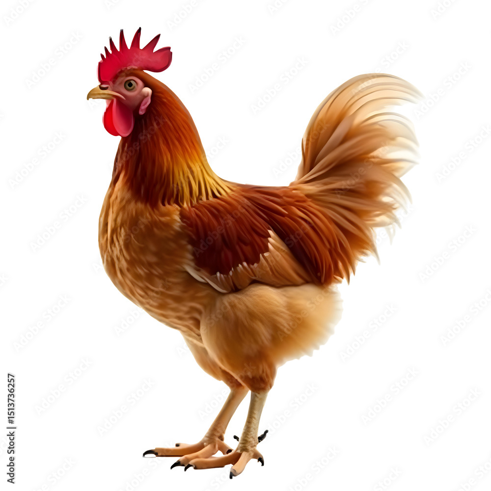 Fototapeta premium Rooster with Vibrant Brown, Orange, and Red Feathers, Prominent Crest and Wattle, Proud Majestic Expression, Hyperrealistic 8K Digital Art – PNG file isolated on transparent background