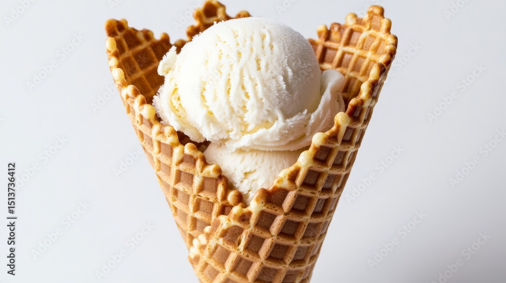 Crispy Waffle Cone with Creamy Vanilla Ice Cream, Ice Cream Cone, Dessert Crispy Waffle Cone with Creamy Vanilla Ice Cream, Ice Cream Cone, Dessert