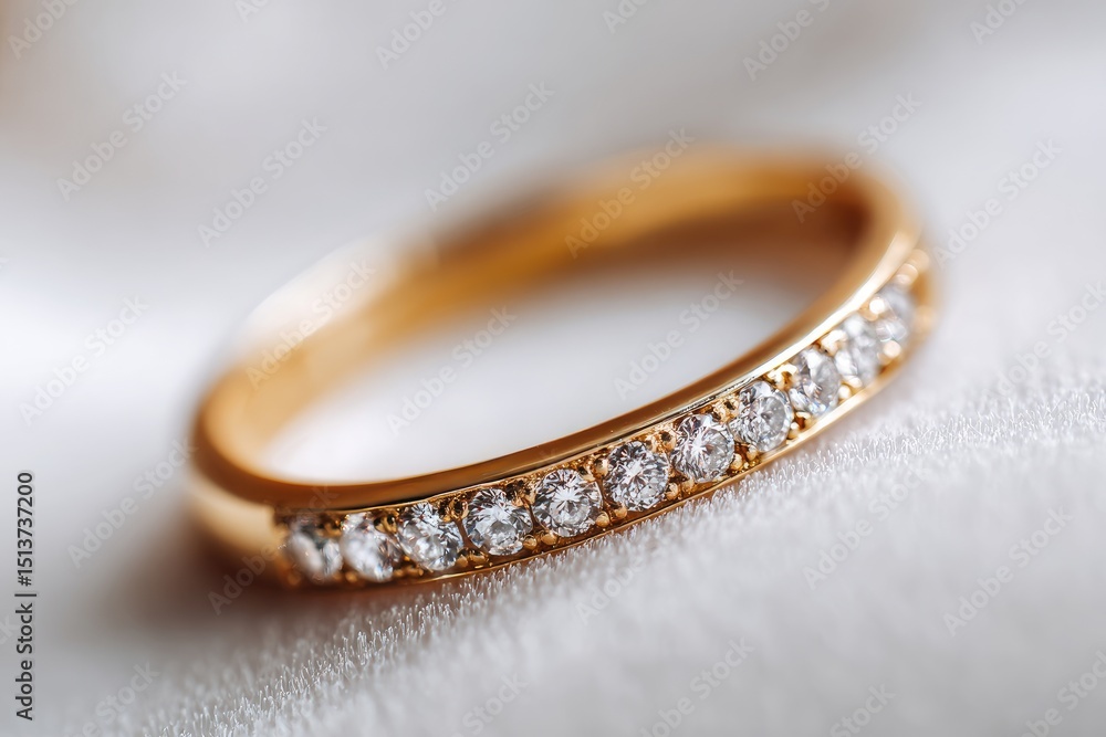 Close-up of a gold band ring with small diamonds. Close-up of a gold band ring with small diamonds.
