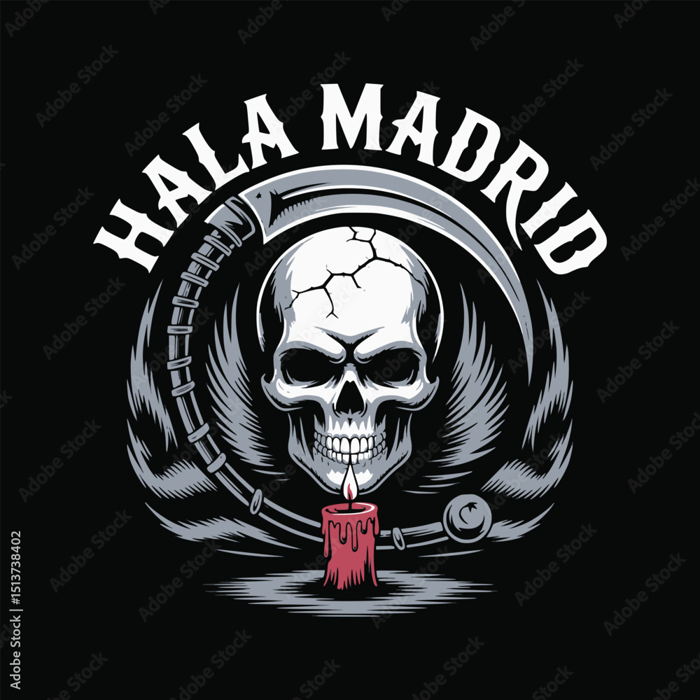 Fototapeta premium Hala Madrid Gothic T-Shirt Design – Scythe, Wings & Candle Tribute Graphic