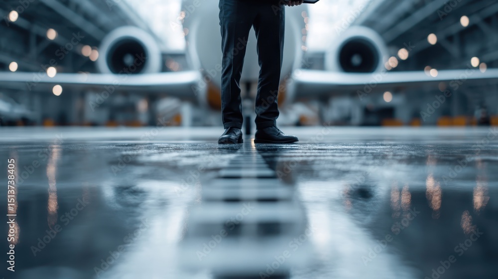 Fototapeta premium A businessman stands confidently in an aircraft hangar, highlighting the connection between aviation and commerce, set against a backdrop of impressive engineering marvels.