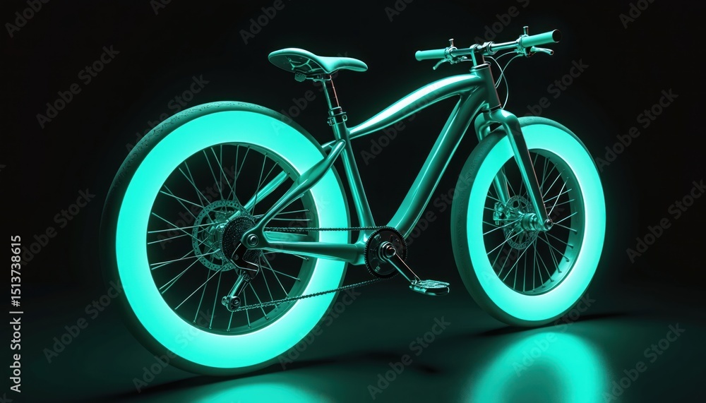 Fototapeta premium Futuristic bike illustration in turquoise neon glow against black background. Innovative electric vehicle design for eco-conscious urban mobility. Modern transport concept.