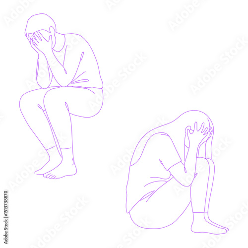 person holding their head in distress pose lineart illustration