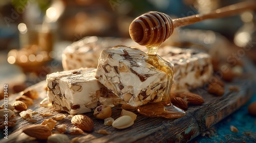 Delicious nougat with nuts and honey drizzled on top on rustic wooden board in soft light
