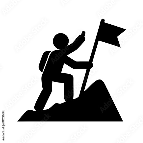 Silhouette mountain climb with flag on transparent background for web and graphic design