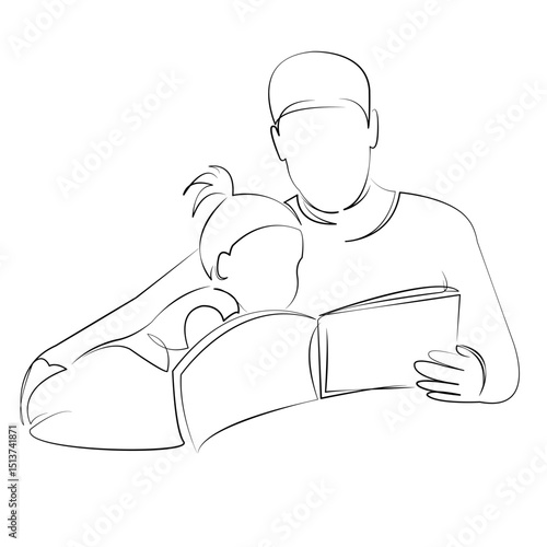One continuous line drawing on white isolated background. Minimalism linear illustration. father, child, person, book, daughter, family, man, indoor, reading, adult