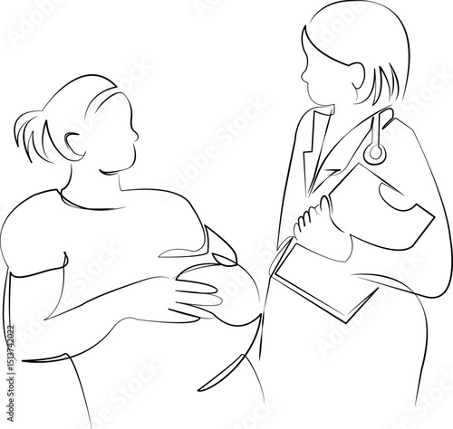 One continuous line drawing on white isolated background. Minimalism linear illustration. doctor, hospital, patient, care, pregnant, obstetrician, indoor, medical clinic, medicine