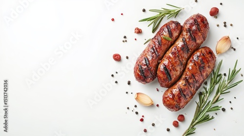 Grilled sausages with rosemary and garlic, roasted style, top view on white with copy space. 